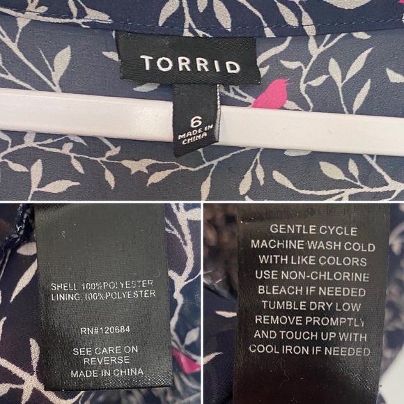 Torrid Bird Print Shirt Dress Chiffon 3/4 Sleeves Tunic Boho Preppy Blue/Pink 6X - Picture 11 of 11